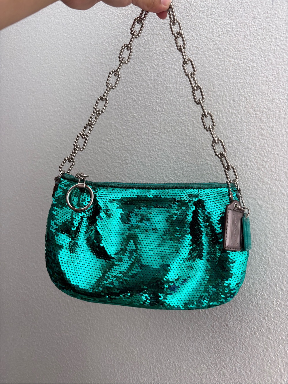 Rare Sequined Teal Shoulder Bag with Chain Strap